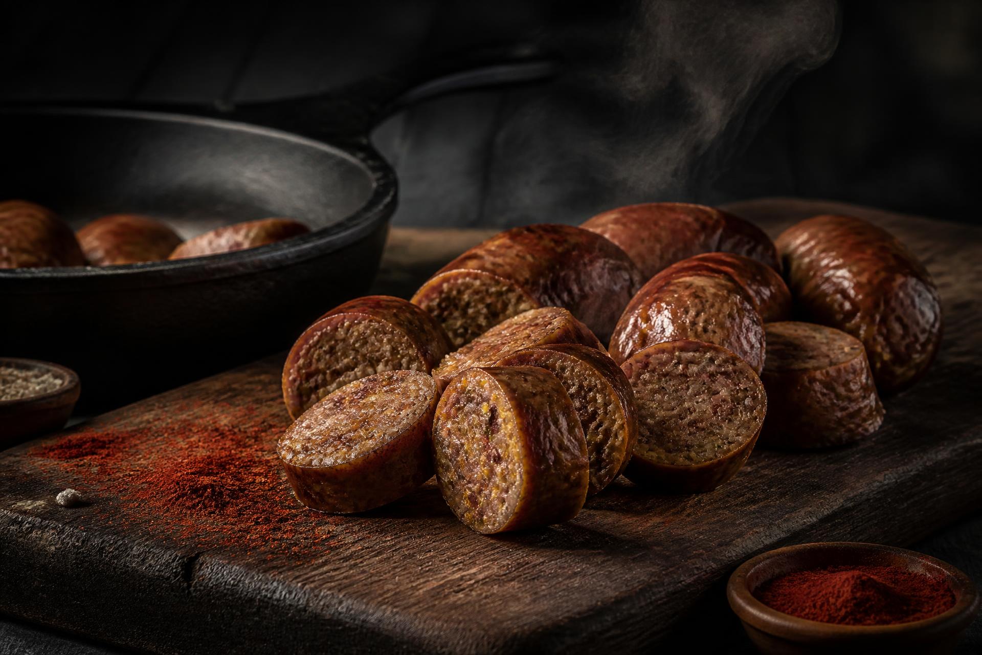 Sliced Louisiana boudin on a wooden board with Cajun seasoning
